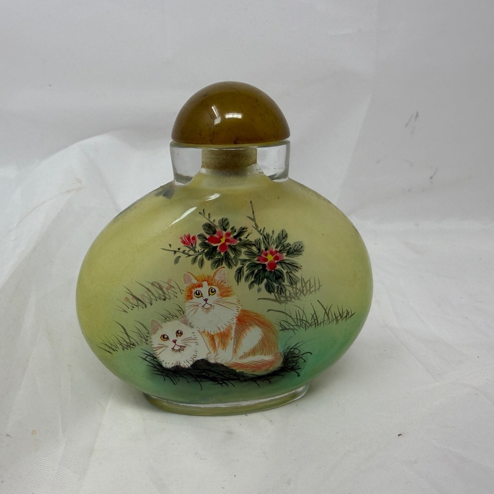 Vintage Chinese Inside Painted Glass Snuff Bottle Kittens Cats Floral Design
